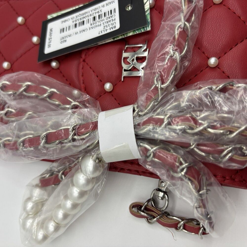 Badgley Mischka Red Phone Case Purse w/ Diamond Quilting & Pearls Cardholder NEW - Picture 7 of 8